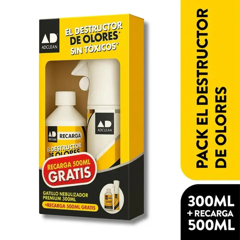 Pack Destructor de olores Premium ADCLEAN 300ml + Recarga 500ml
